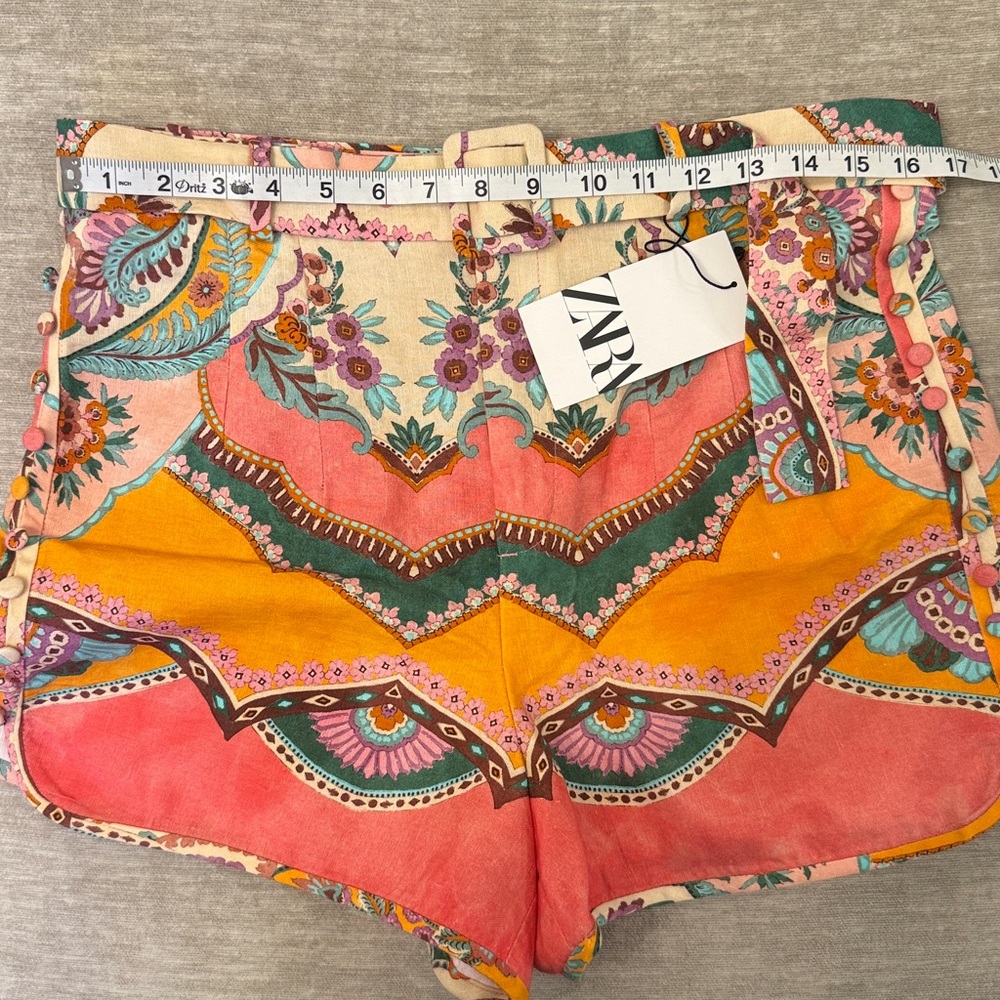 Zara NWT High Waist Floral Patterned Shorts Belted Linen Blend large - Picture 13 of 15